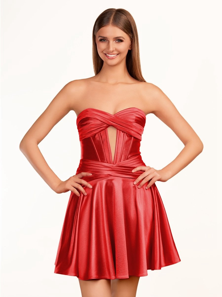 A-line Strapless Pleated Homecoming Dresses with Keyhole