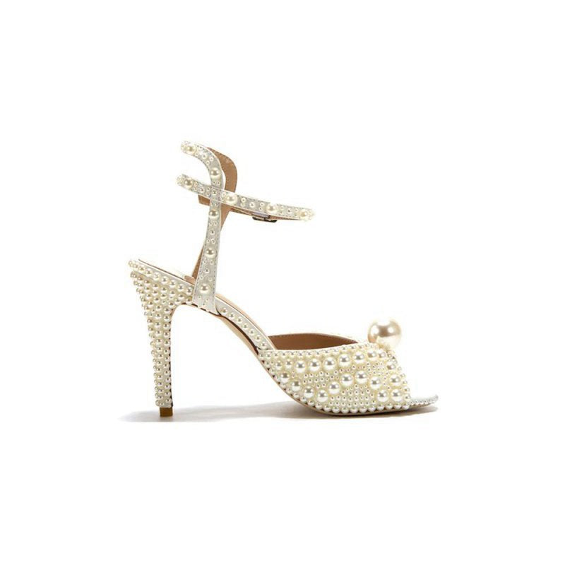 Pearl Wedding Sandals Vintage Peep Toe Ankle Strap Stiletto Bridal Heels