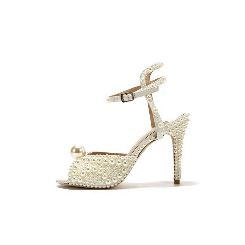 Pearl Wedding Sandals Vintage Peep Toe Ankle Strap Stiletto Bridal Heels
