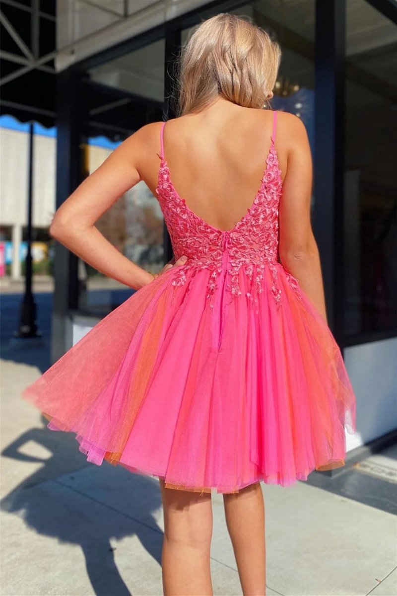 V Neck Straps Appliques Tulle Homecoming Dresses