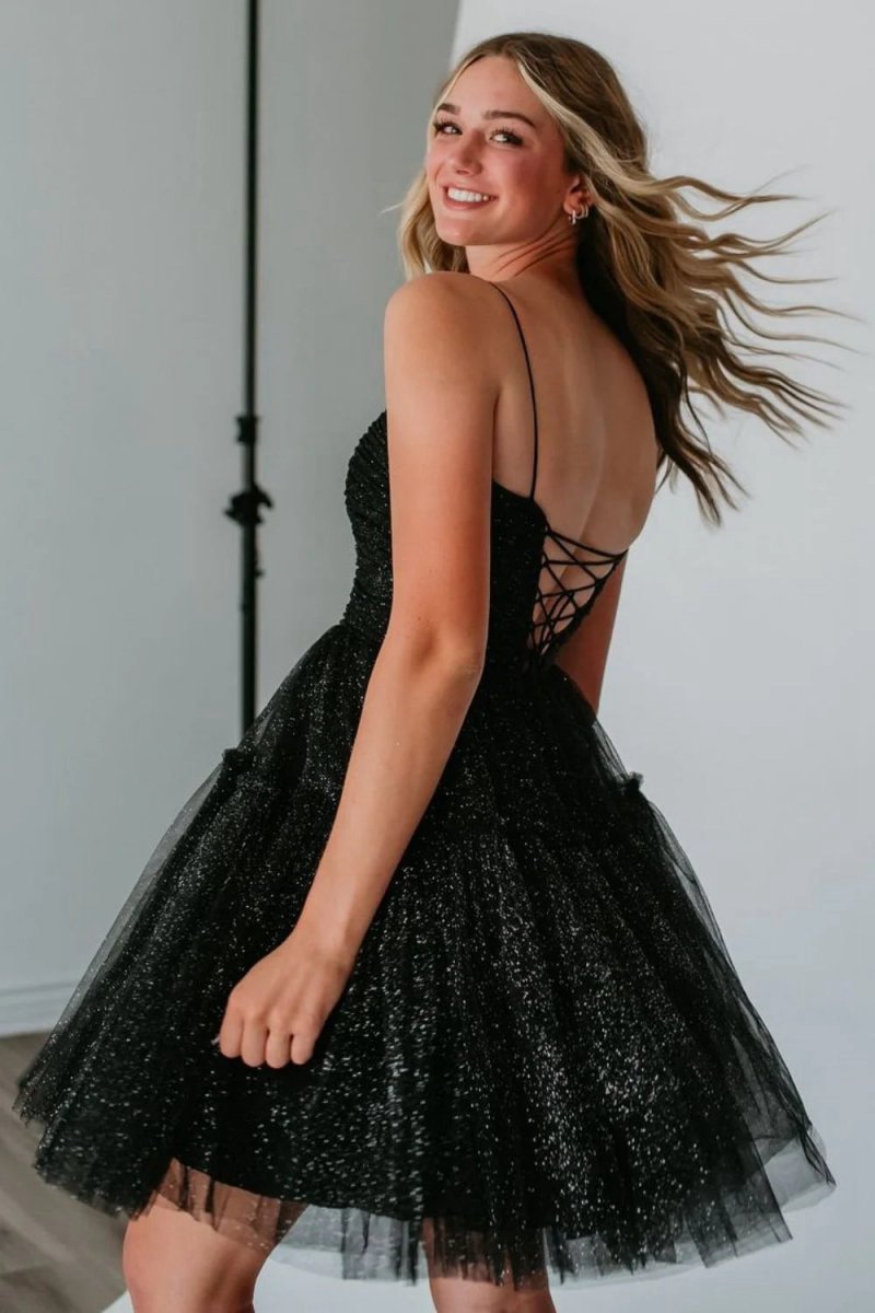 Glitter A-line Spaghetti Straps Tulle Homecoming Dresses