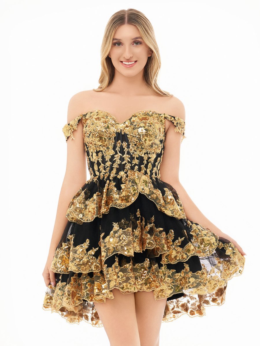 Gold Off the Shoulder Applique Ruffle Homecoming Dresses