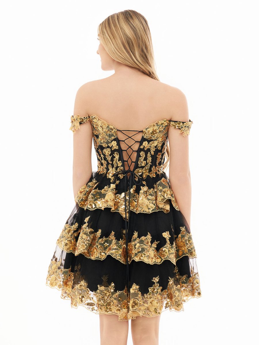 Gold Off the Shoulder Applique Ruffle Homecoming Dresses