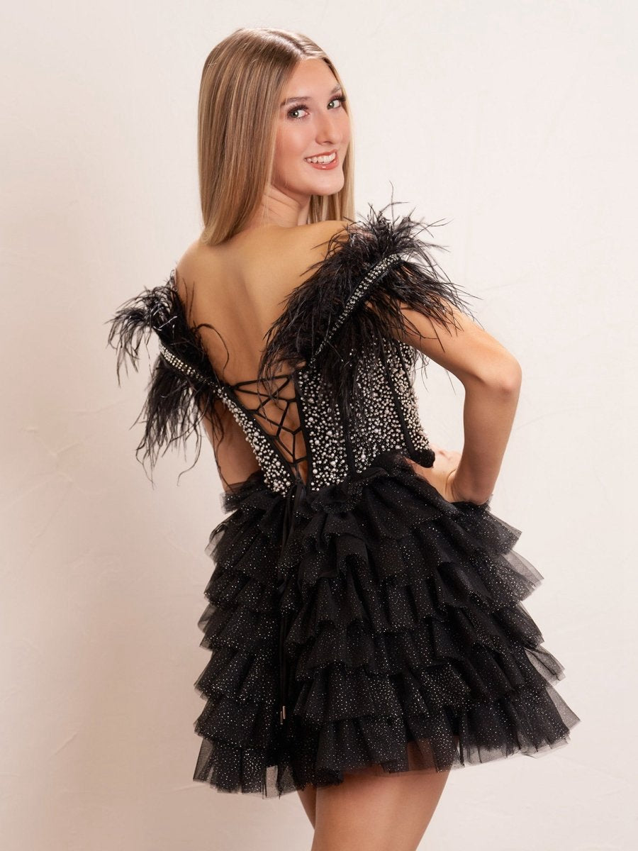 A-line Off the Shoulder Beaded Homecoming Dresses with Feathers