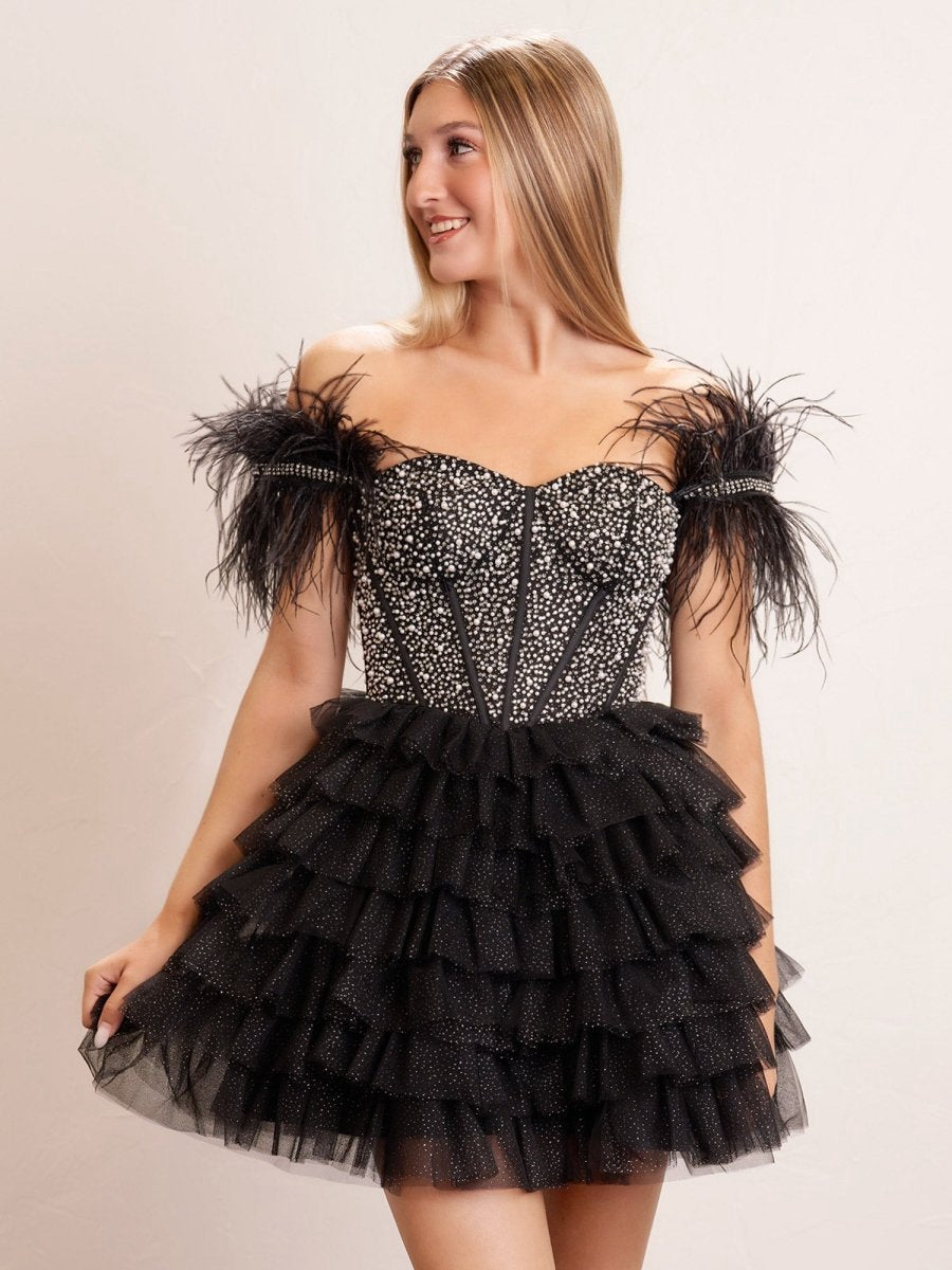 A-line Off the Shoulder Beaded Homecoming Dresses with Feathers
