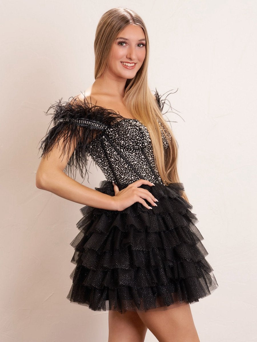 A-line Off the Shoulder Beaded Homecoming Dresses with Feathers