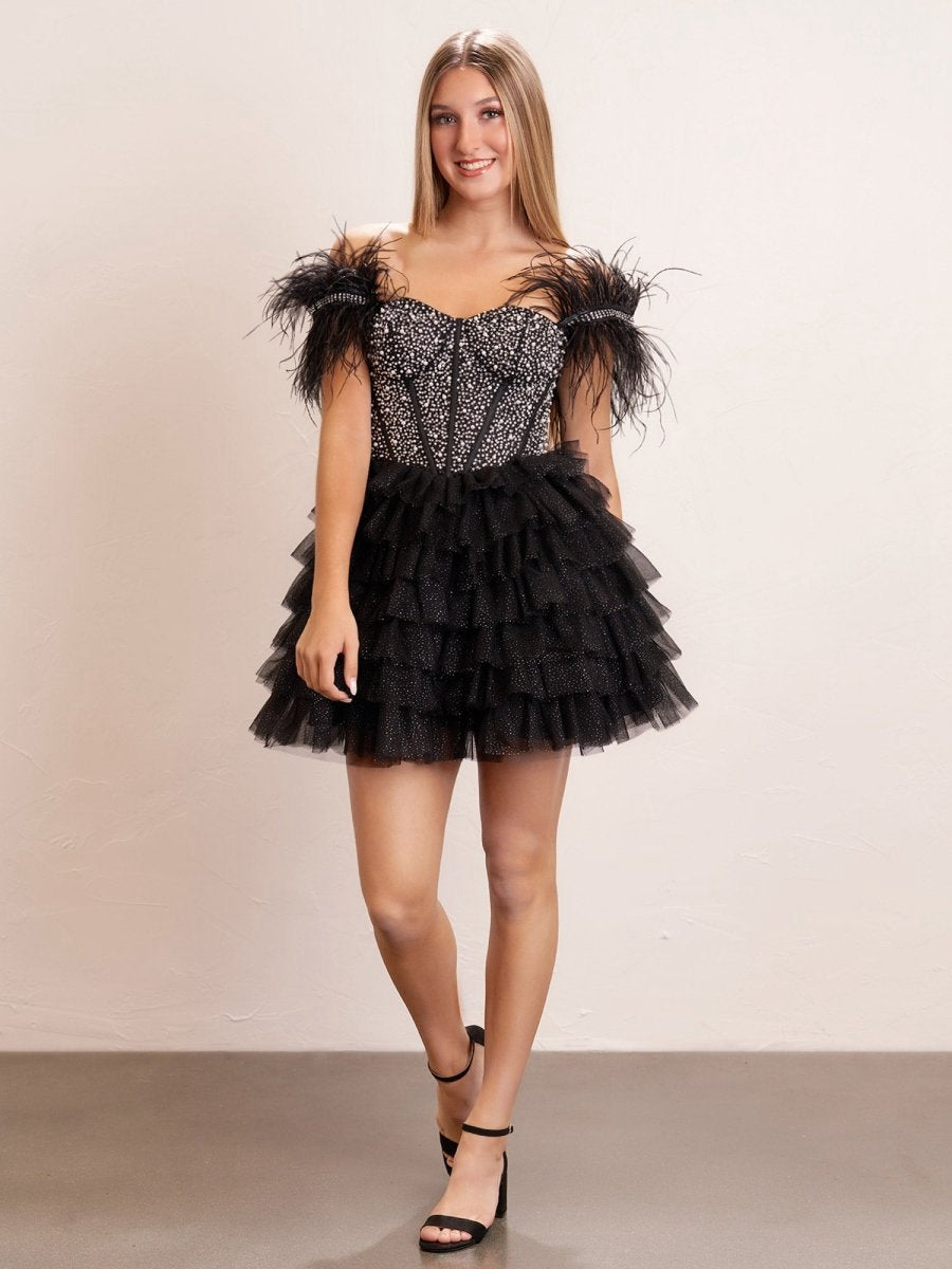 A-line Off the Shoulder Beaded Homecoming Dresses with Feathers