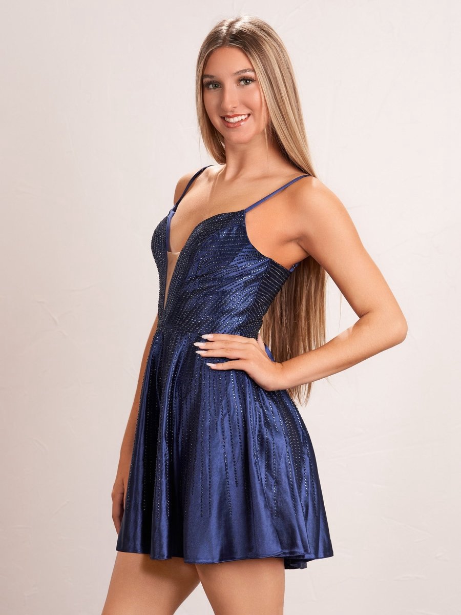 Hot Fix A-line Deep V illusion Short Beaded Homecoming Dresses