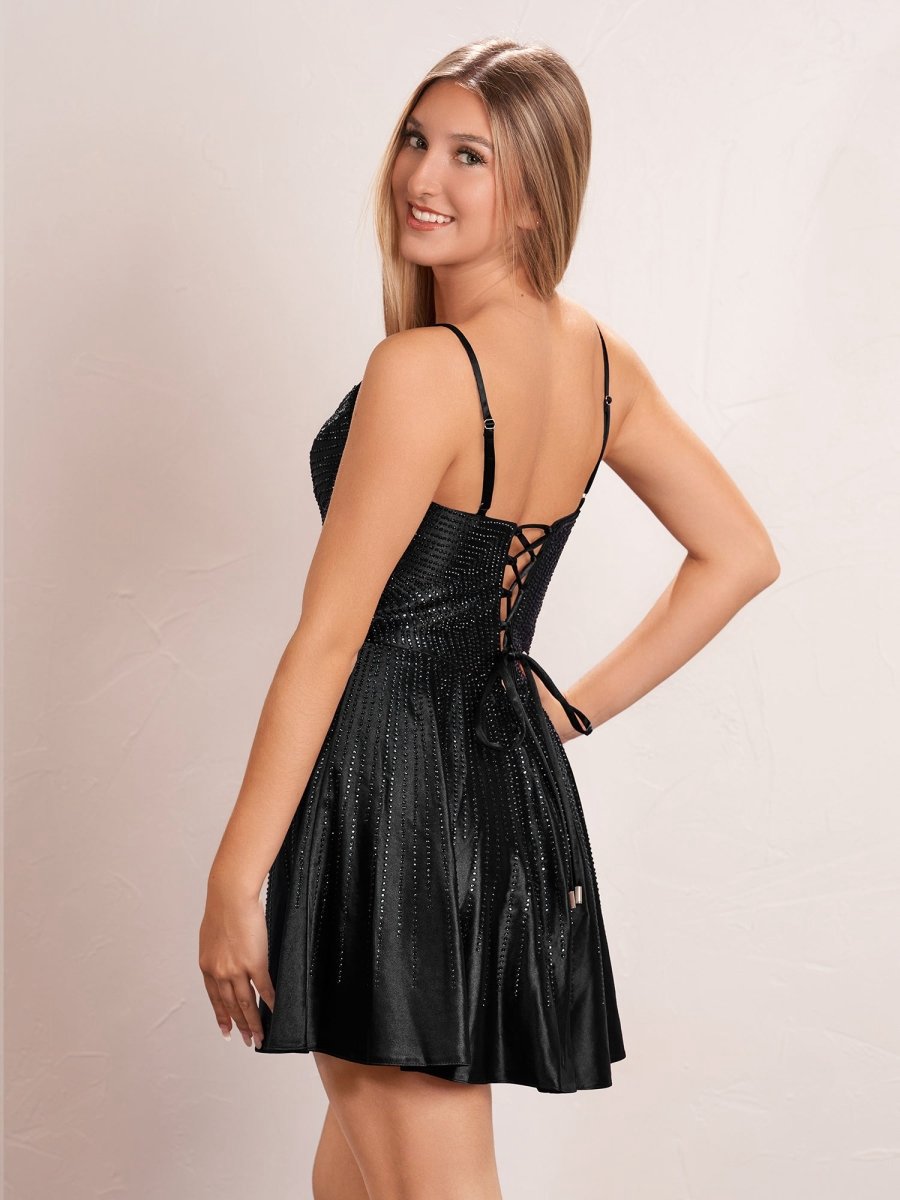 Hot Fix A-line Deep V illusion Short Beaded Homecoming Dresses