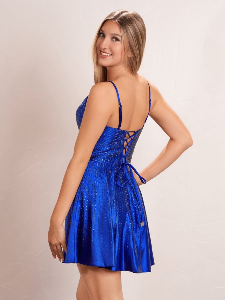Hot Fix A-line Deep V illusion Short Beaded Homecoming Dresses