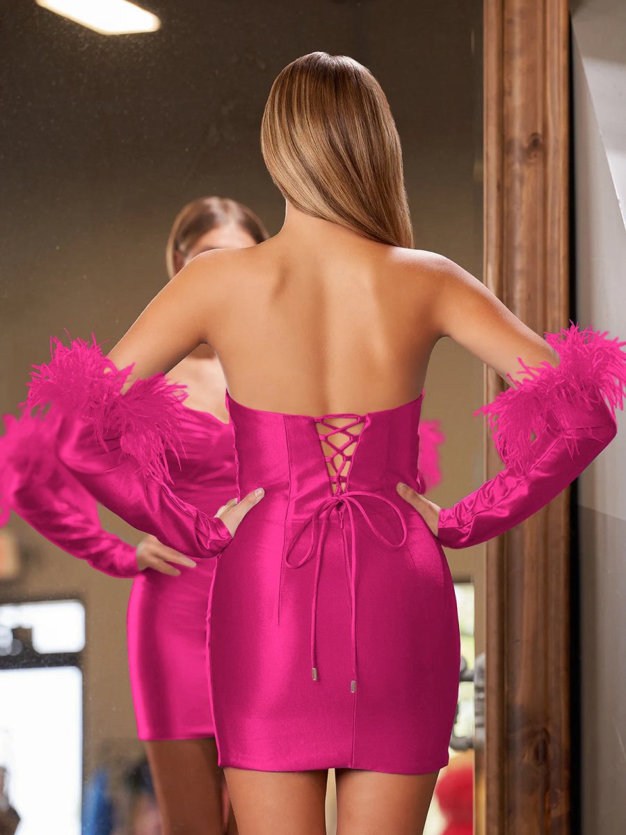Sheath Satin Strapless Fitted Homecoming Dresses with Long Sleeves