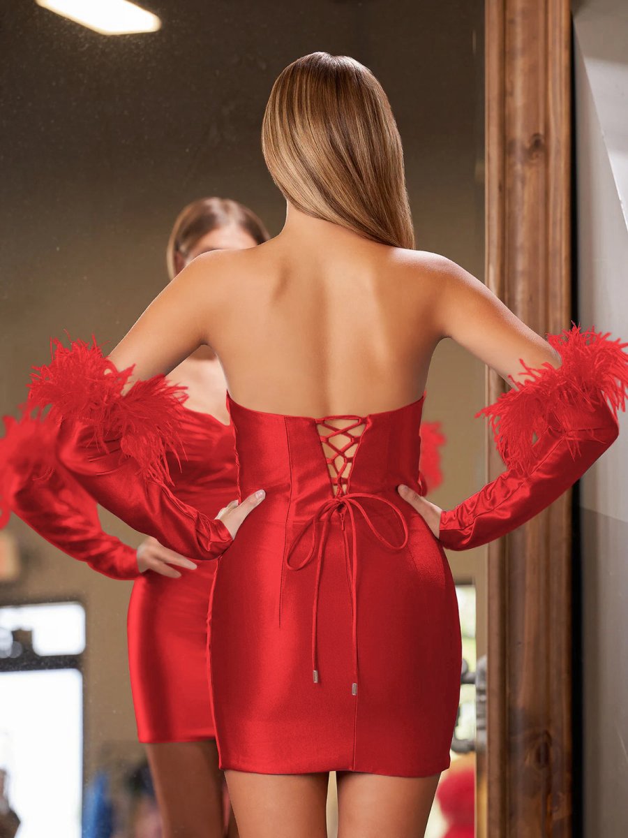 Sheath Satin Strapless Fitted Homecoming Dresses with Long Sleeves