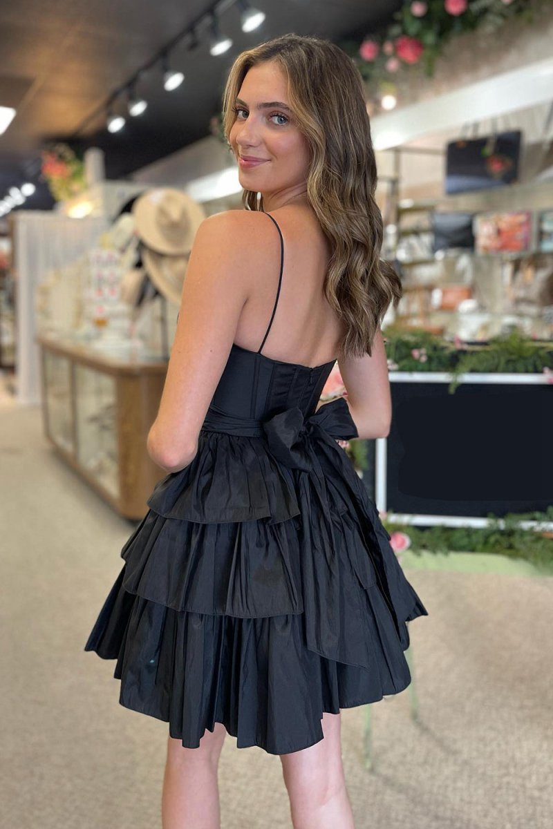 Spaghetti Straps Satin A-line Ruffled Short Corset Homecoming Dresses with Bow