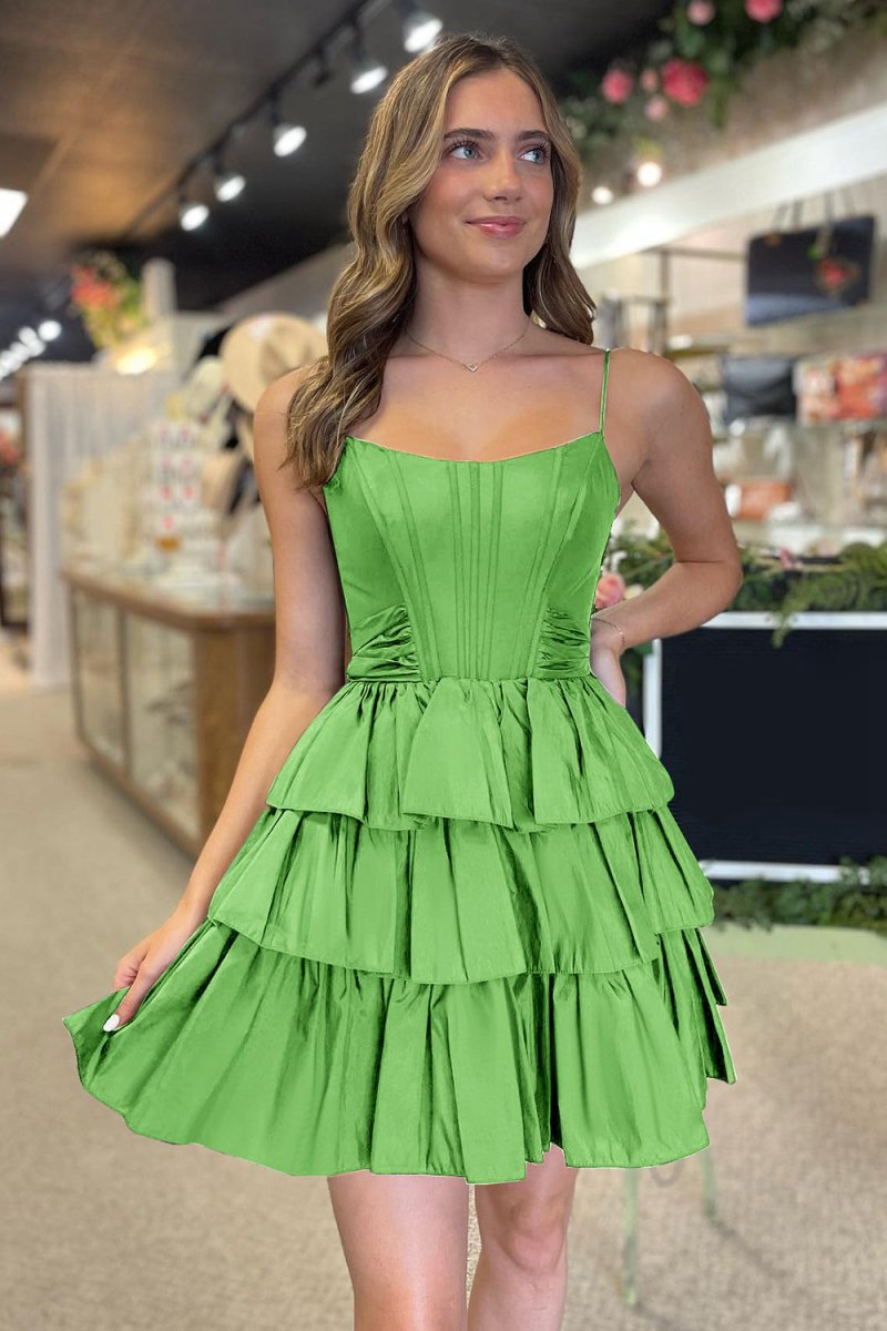 Spaghetti Straps Satin A-line Ruffled Short Corset Homecoming Dresses with Bow
