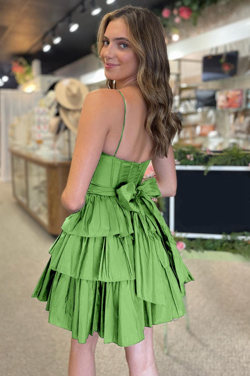 Spaghetti Straps Satin A-line Ruffled Short Corset Homecoming Dresses with Bow