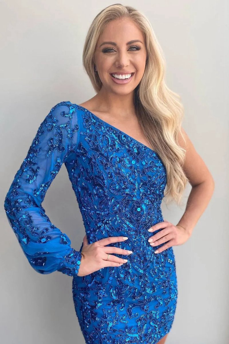 Bodycon One Shoulder Long Sleeve Sequins Short Homecoming Dresses
