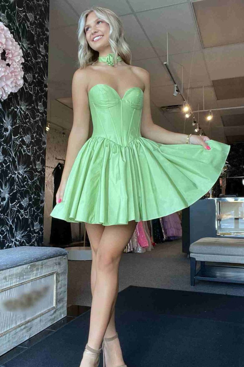 Sage Strapless Satin Short Homecoming Dresses