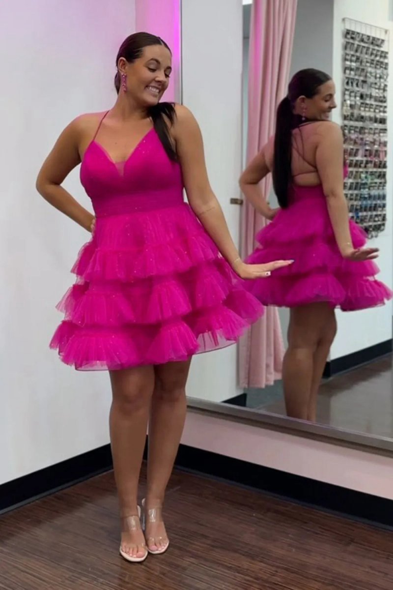 Glitter Tie Tulle Short A-line Homecoming Dresses