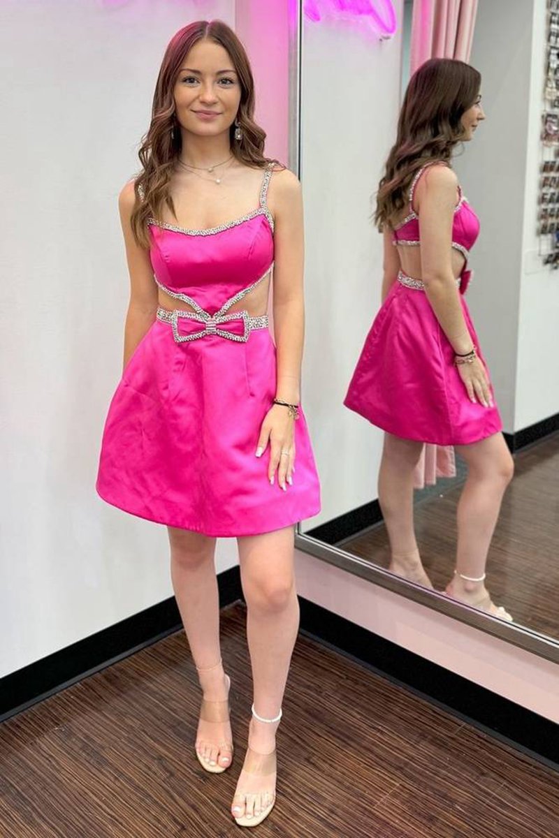 Spaghetti Straps Cutout Homecoming Dresses with Bow