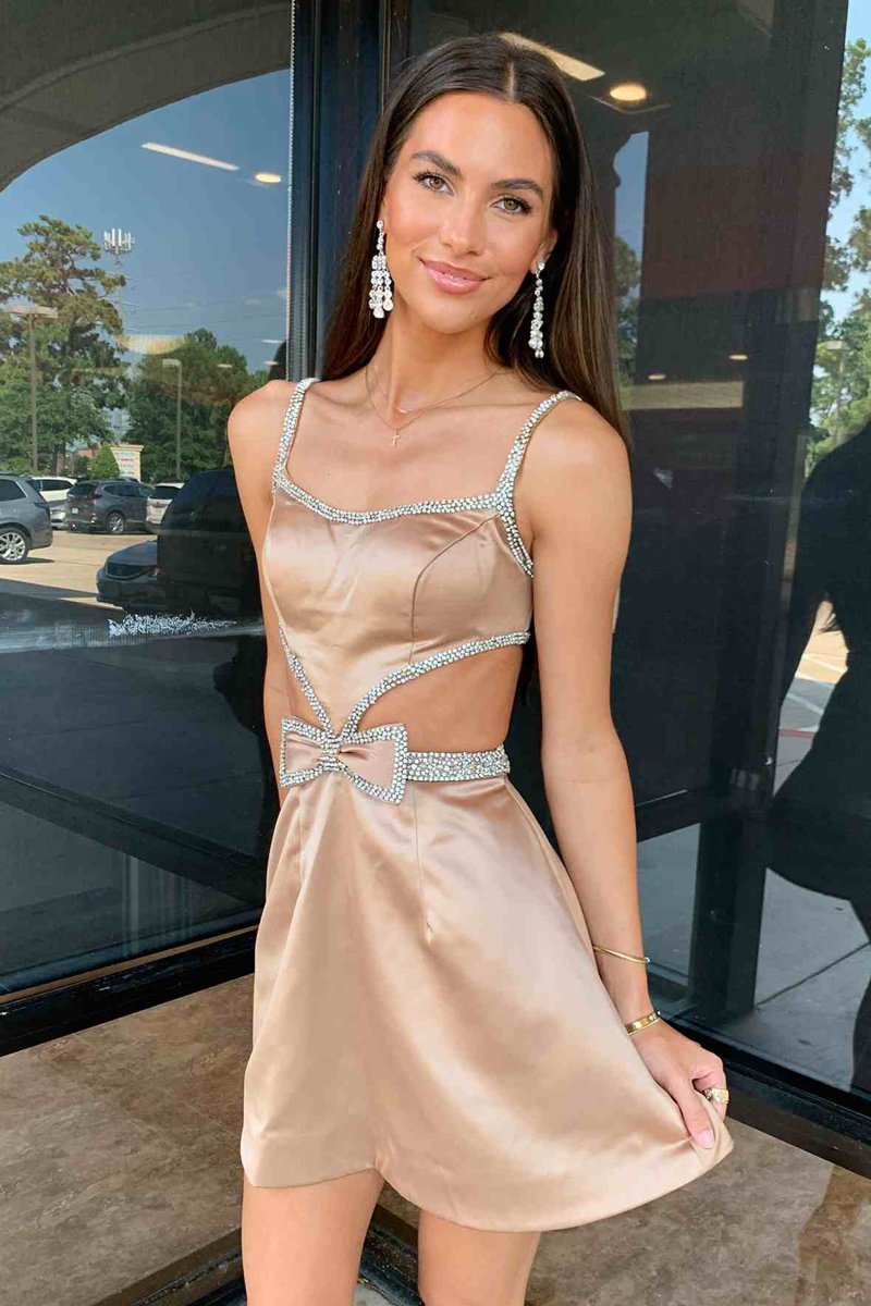 Spaghetti Straps Cutout Homecoming Dresses with Bow