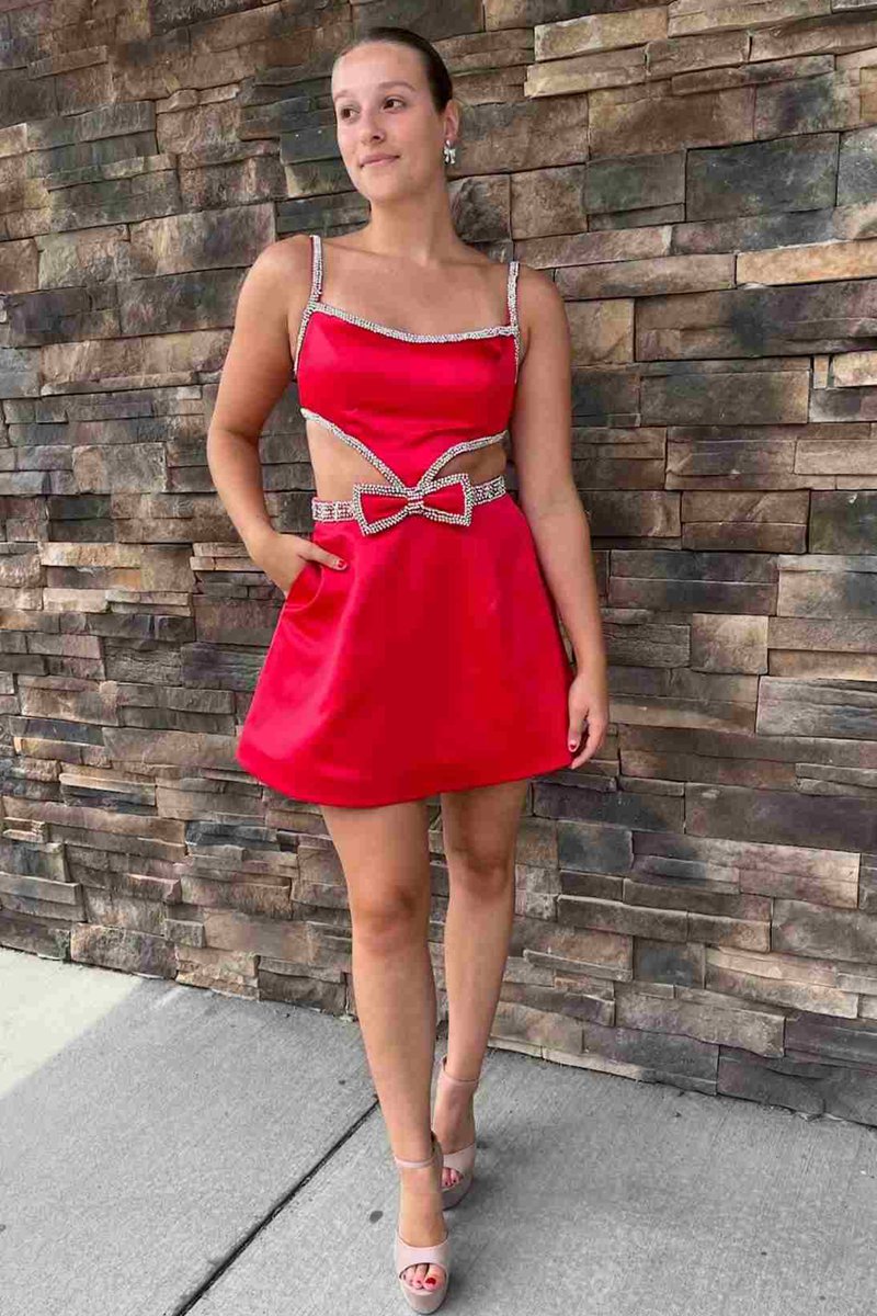 Spaghetti Straps Cutout Homecoming Dresses with Bow