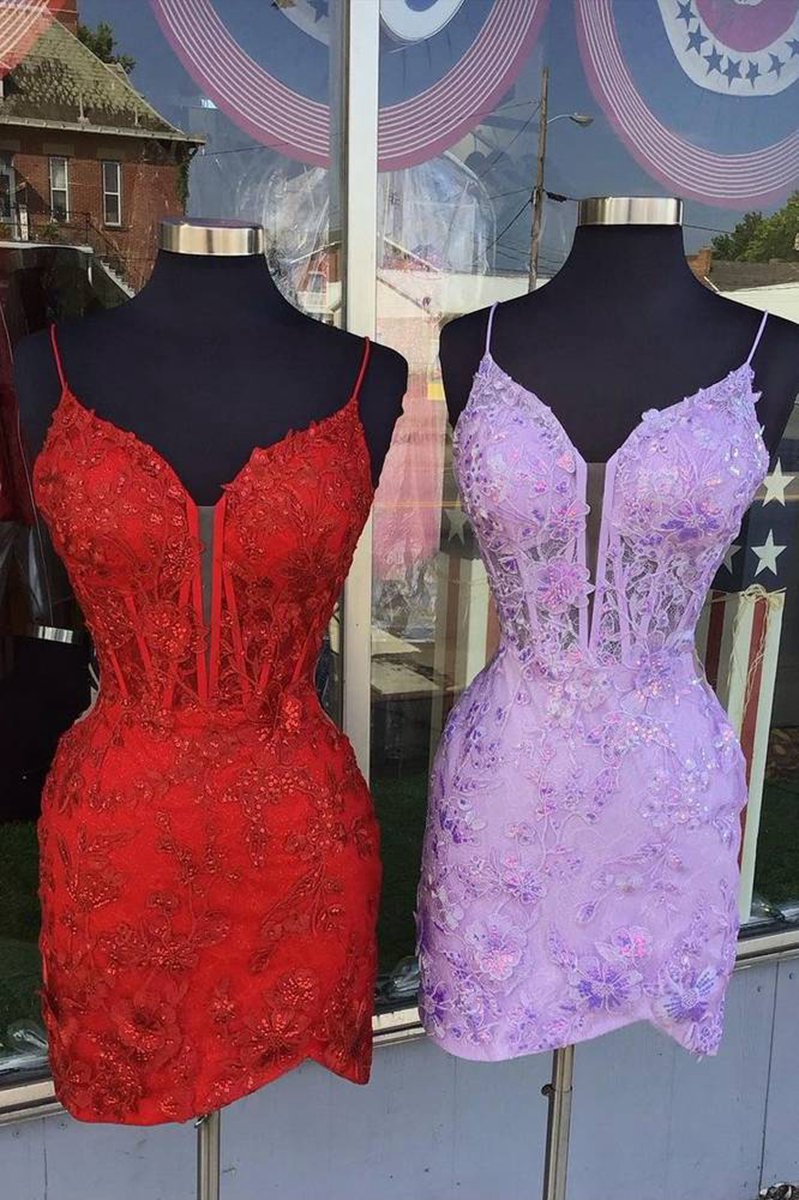 Spaghetti Straps Applique Tight Homecoming Dresses