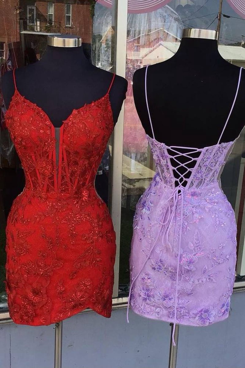 Spaghetti Straps Applique Tight Homecoming Dresses