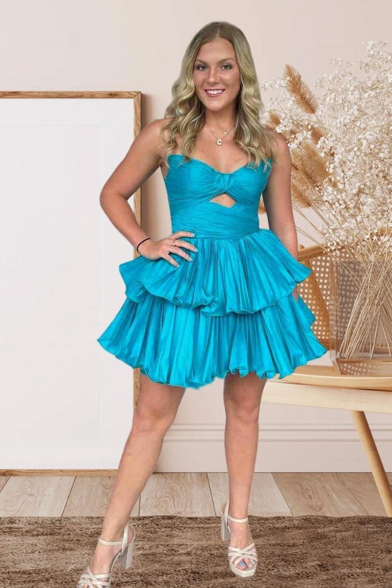 Pleated A-line Short Dresses with Keyhole