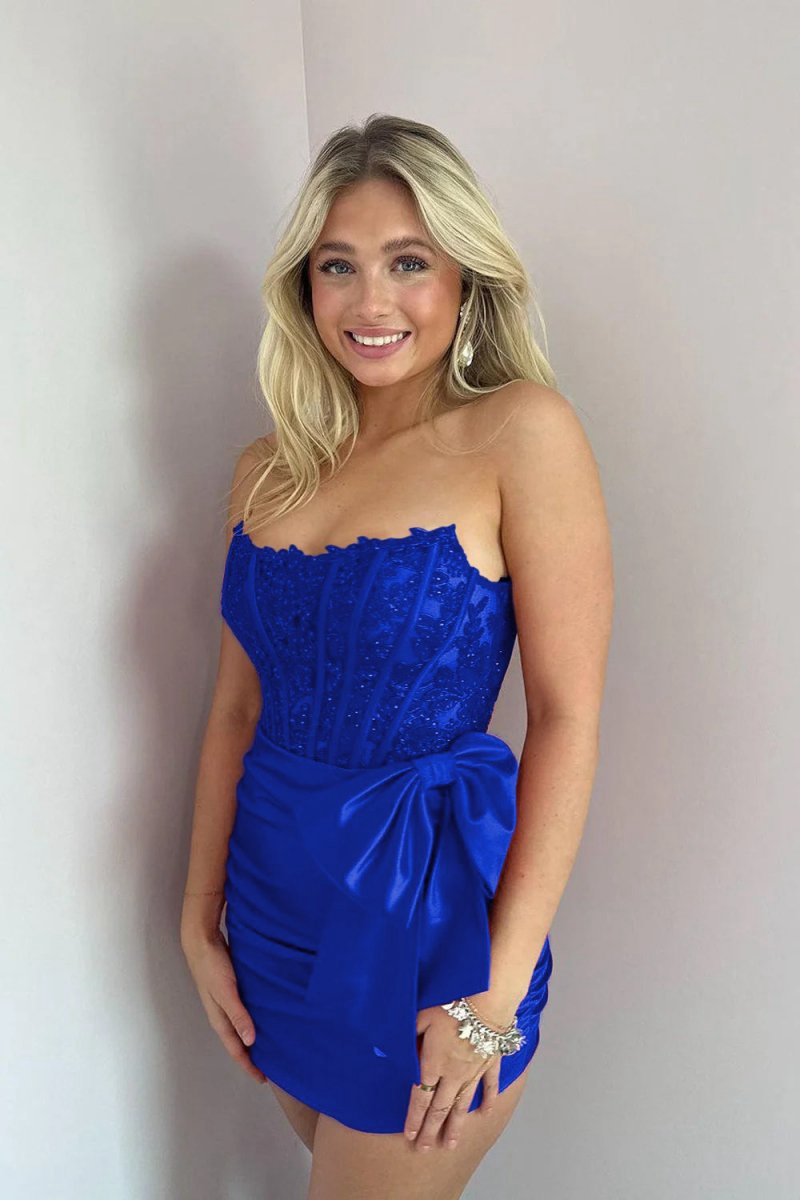 Strapless Appliques Ruched Homecoming Dresses with Bow