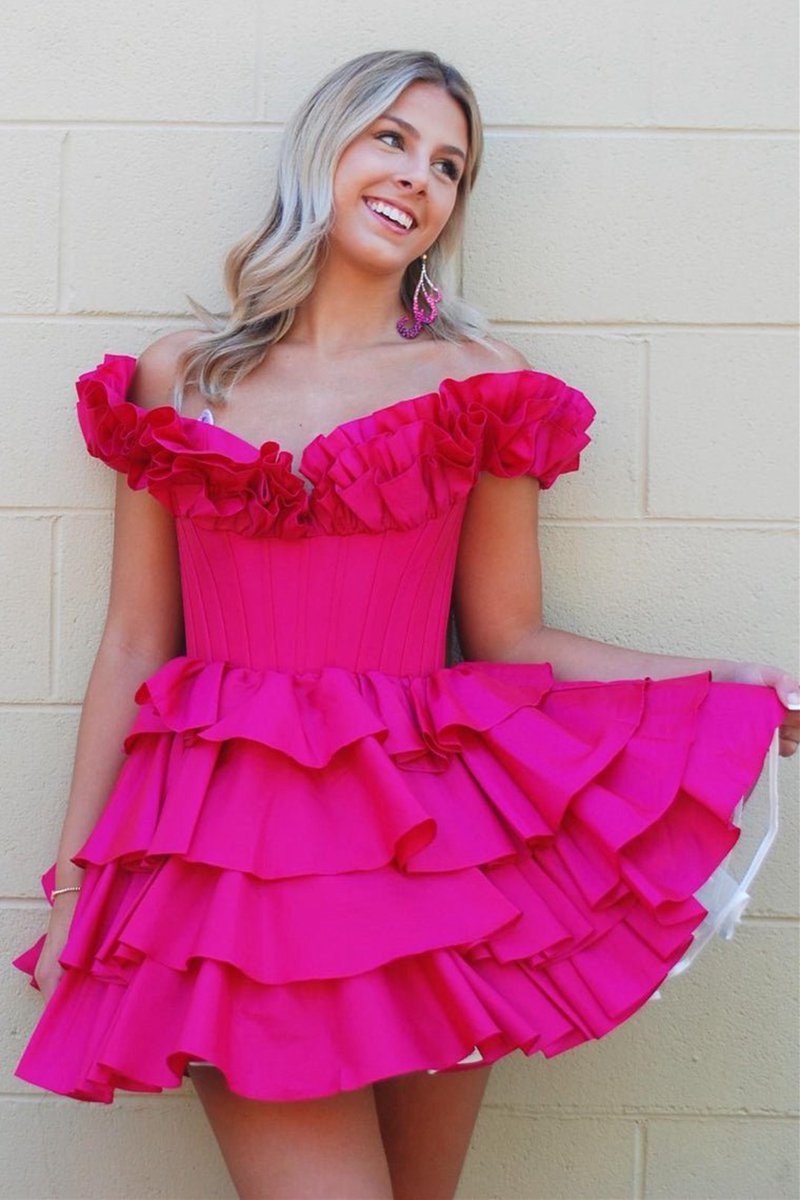 A-line Off-the-Shoulder Corset Ruffle Tie Homecoming Dresses