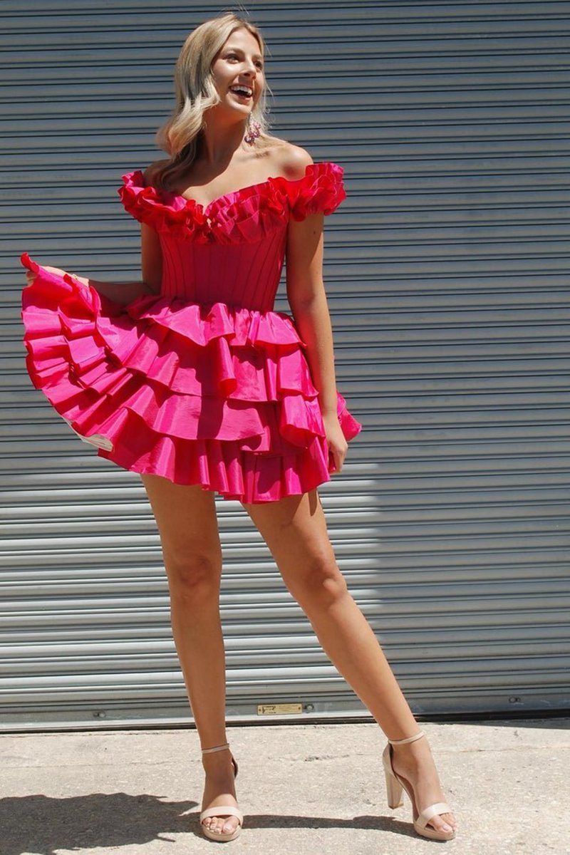 A-line Off-the-Shoulder Corset Ruffle Tie Homecoming Dresses