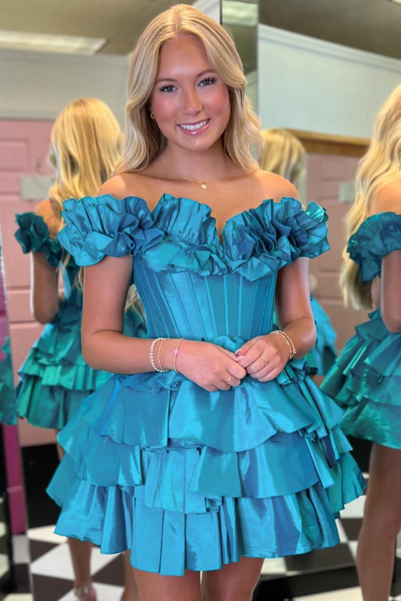 A-line Off-the-Shoulder Corset Ruffle Tie Homecoming Dresses