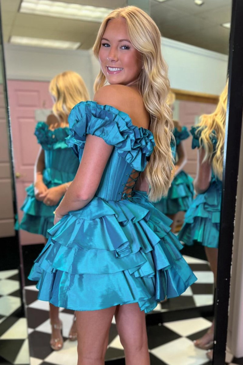 A-line Off-the-Shoulder Corset Ruffle Tie Homecoming Dresses
