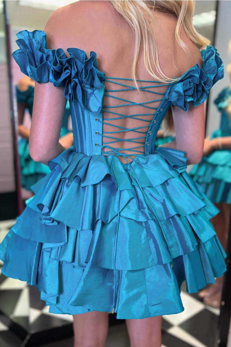 A-line Off-the-Shoulder Corset Ruffle Tie Homecoming Dresses