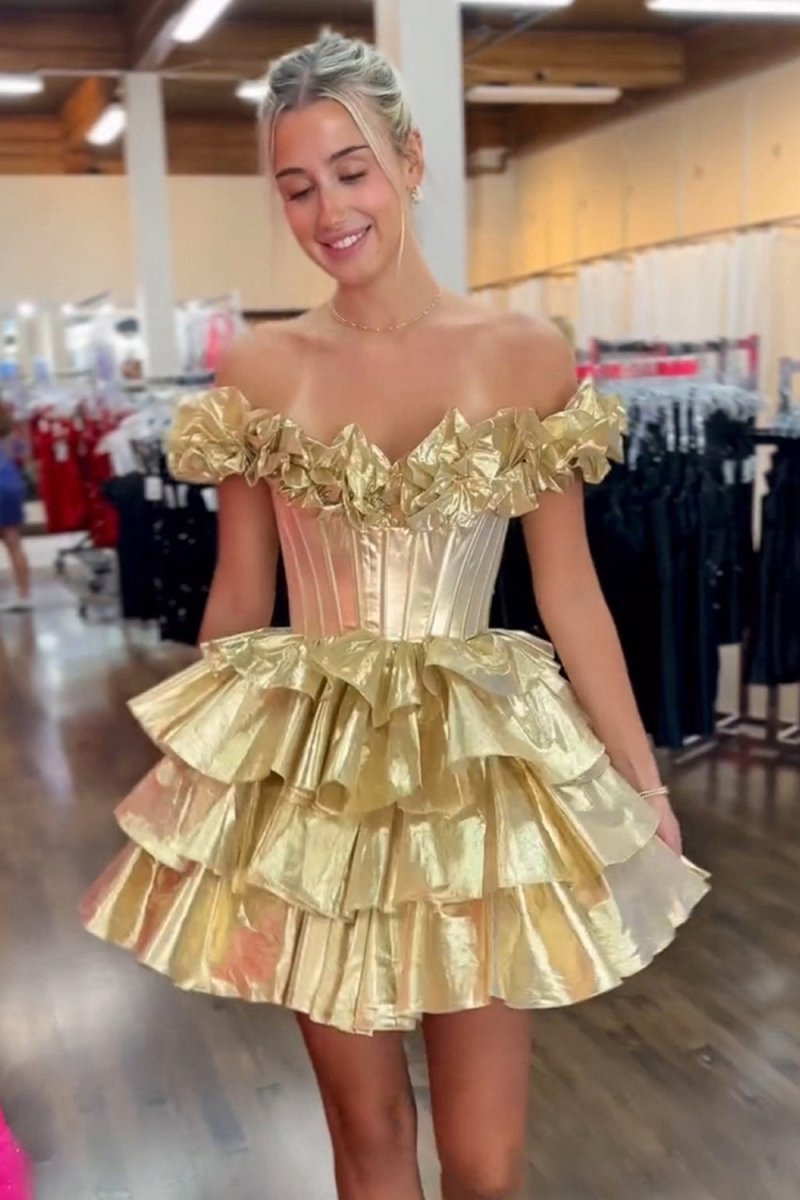 A-line Off-the-Shoulder Corset Ruffle Tie Homecoming Dresses