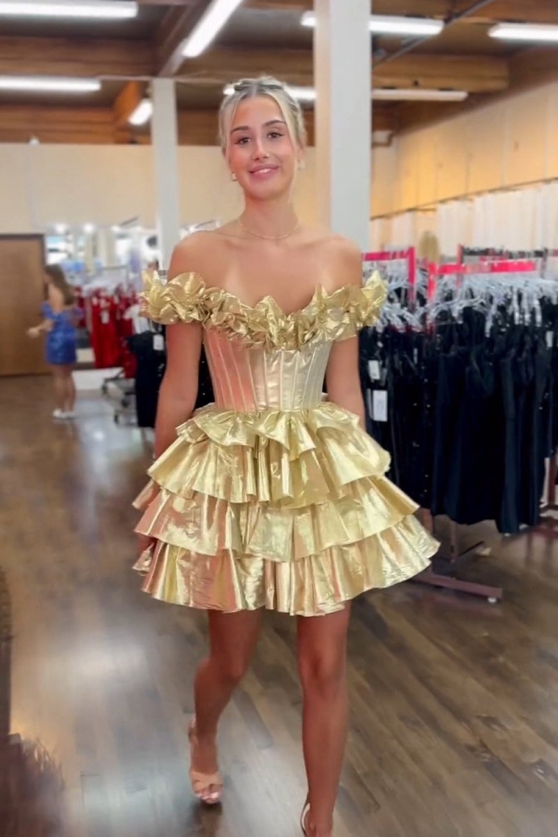 A-line Off-the-Shoulder Corset Ruffle Tie Homecoming Dresses