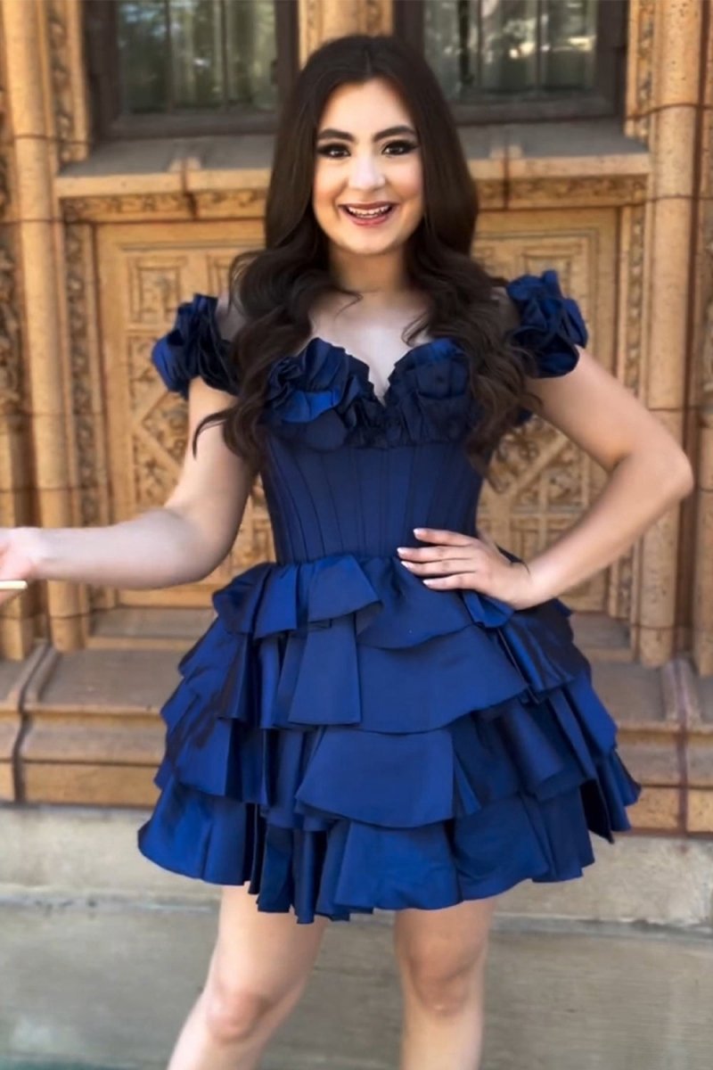 A-line Off-the-Shoulder Corset Ruffle Tie Homecoming Dresses