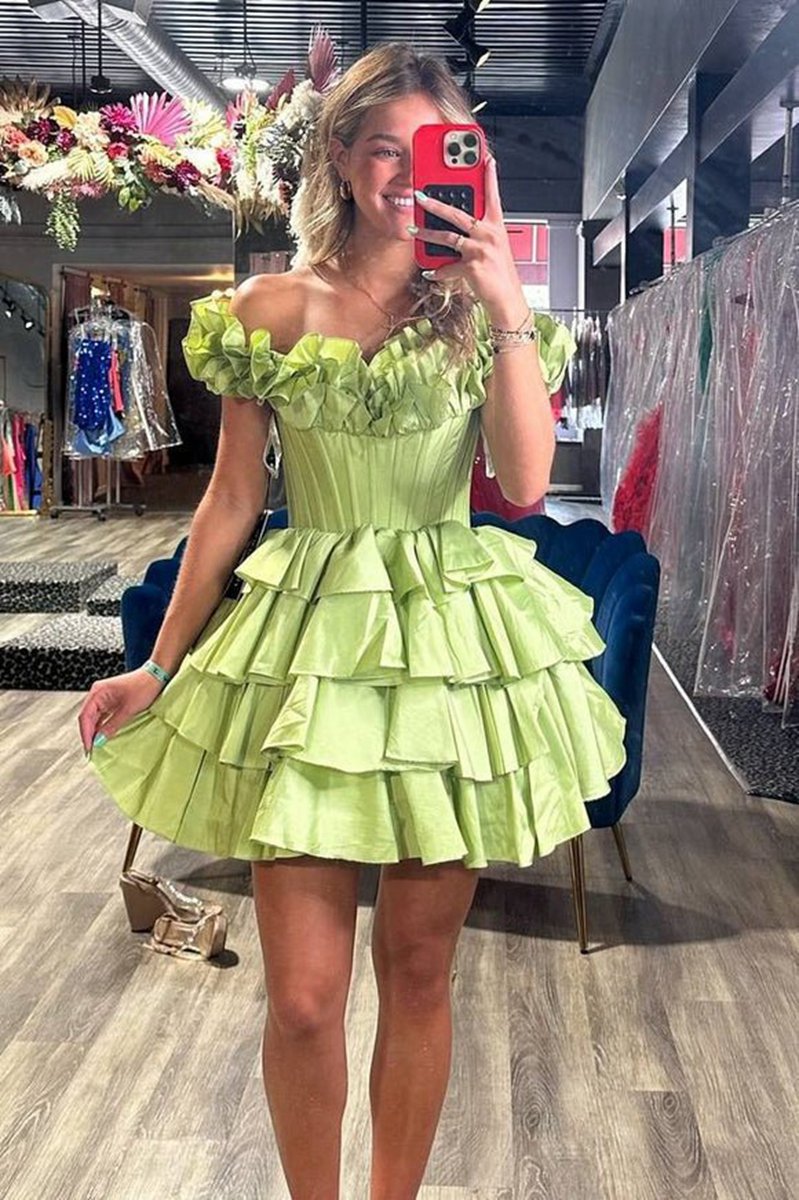 A-line Off-the-Shoulder Corset Ruffle Tie Homecoming Dresses