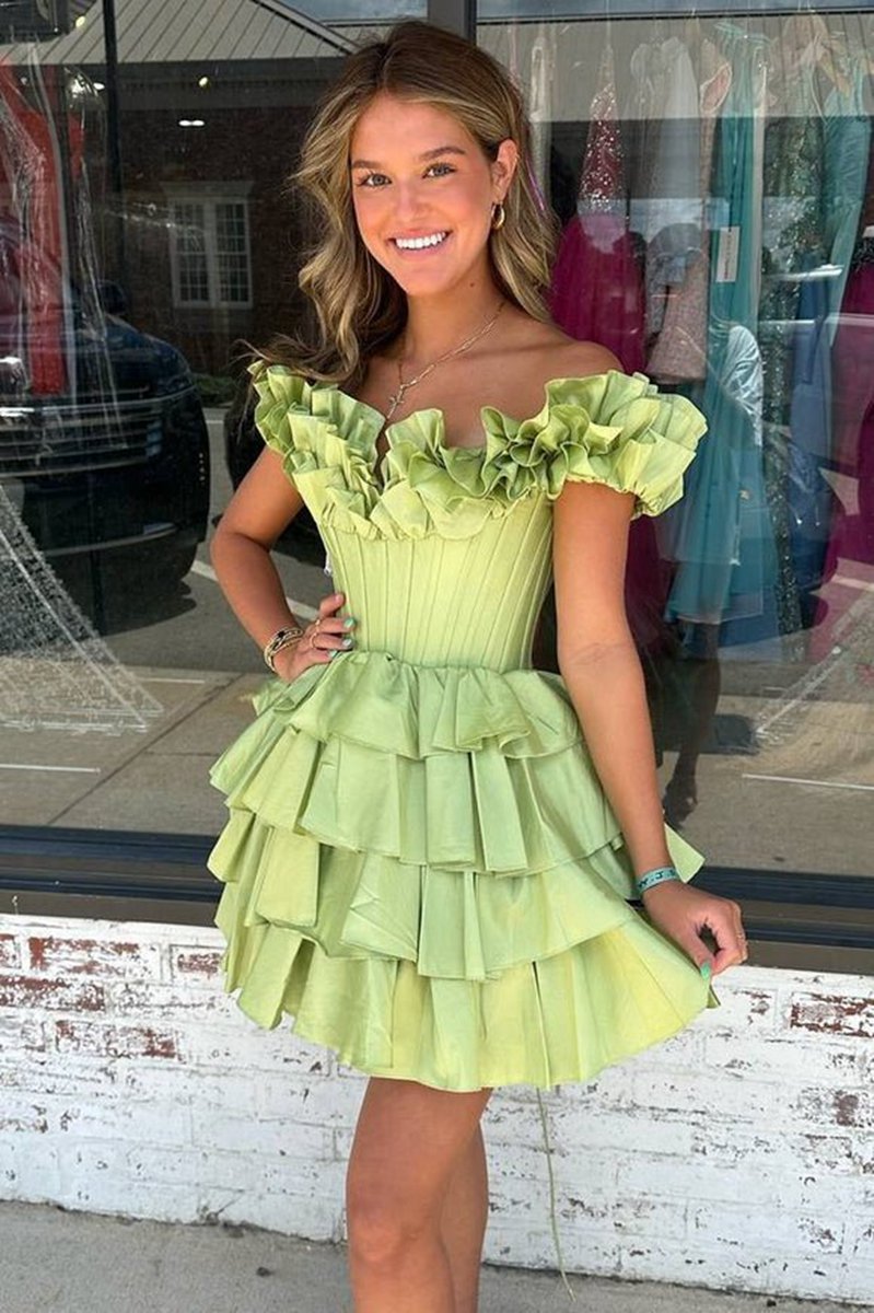 A-line Off-the-Shoulder Corset Ruffle Tie Homecoming Dresses
