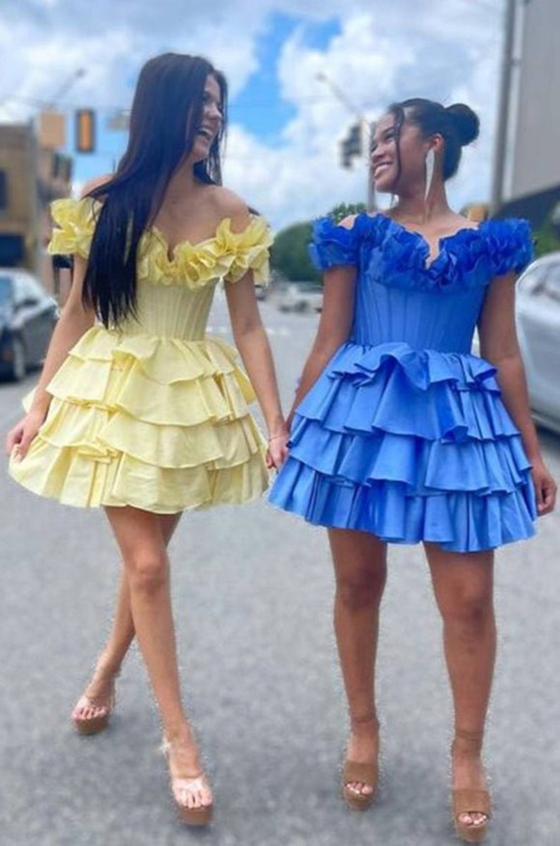 A-line Off-the-Shoulder Corset Ruffle Tie Homecoming Dresses