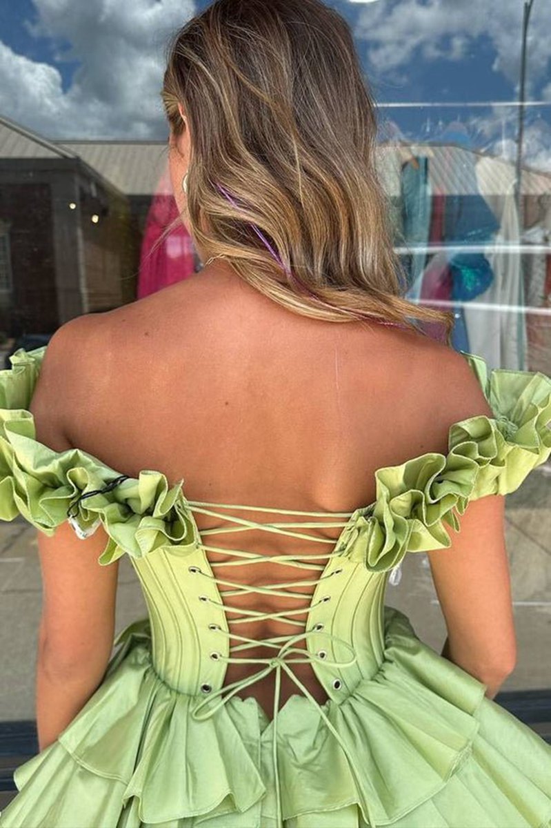 A-line Off-the-Shoulder Corset Ruffle Tie Homecoming Dresses