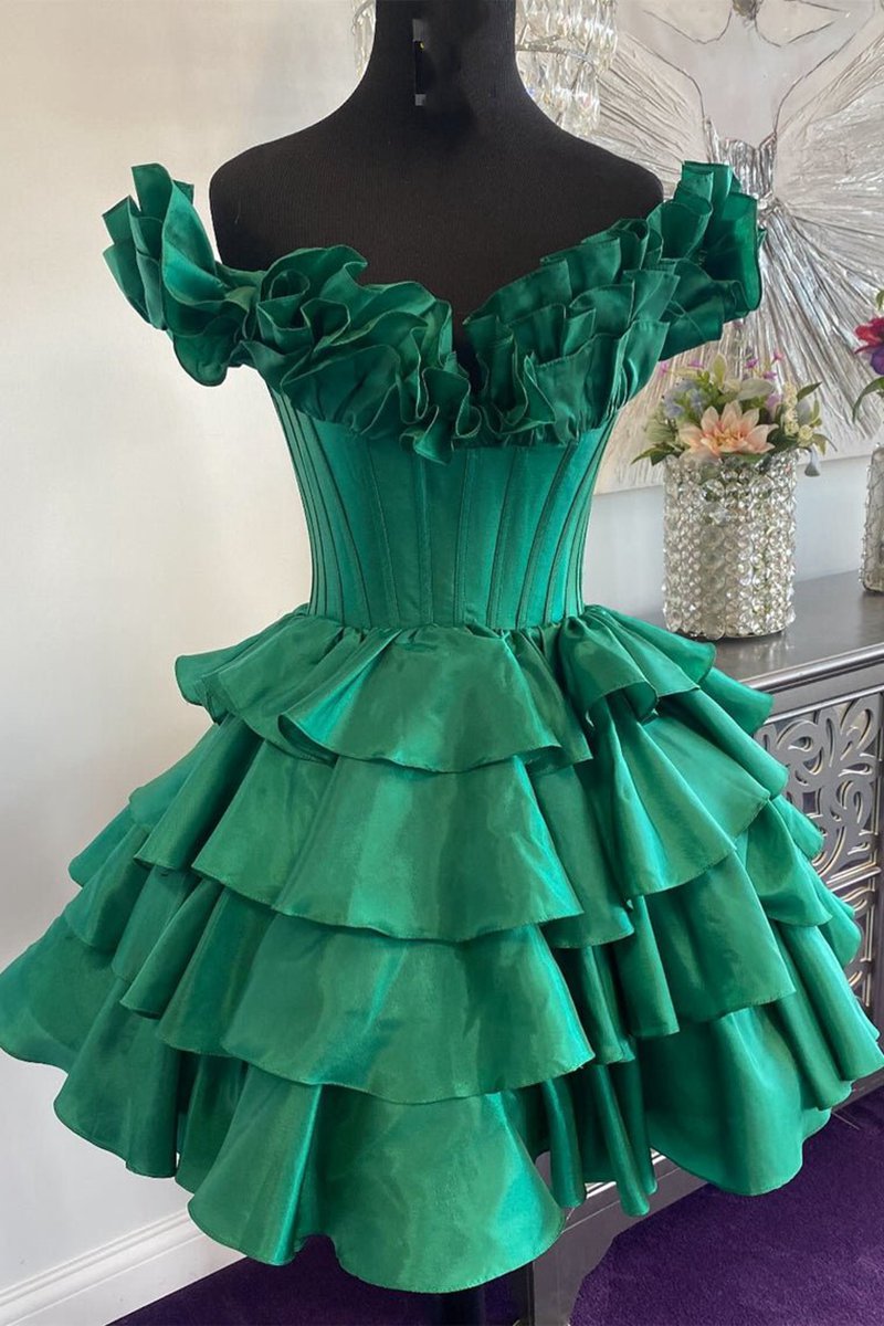 A-line Off-the-Shoulder Corset Ruffle Tie Homecoming Dresses
