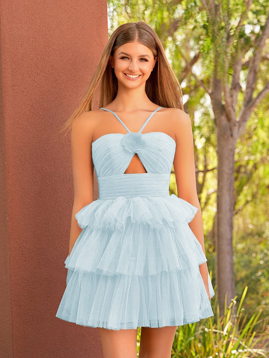 A-line Tulle Keyhole Halter Short Homecoming Dresses with Ruffles