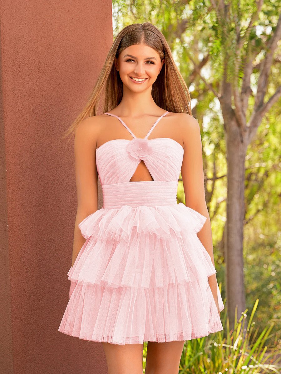 A-line Tulle Keyhole Halter Short Homecoming Dresses with Ruffles