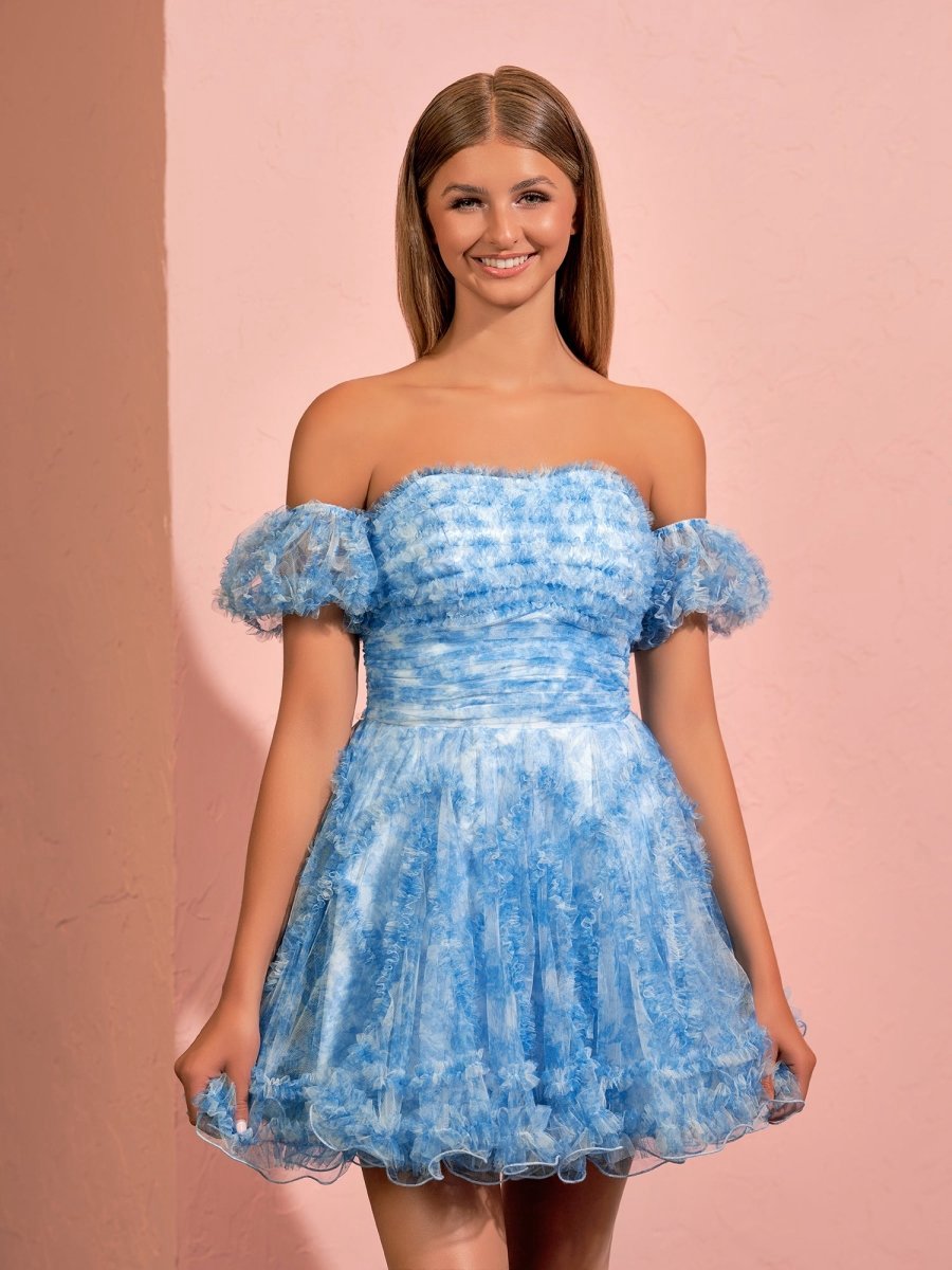 A-line Printed Tulle Ruffles Homecoming Dresses with Puff Sleeves
