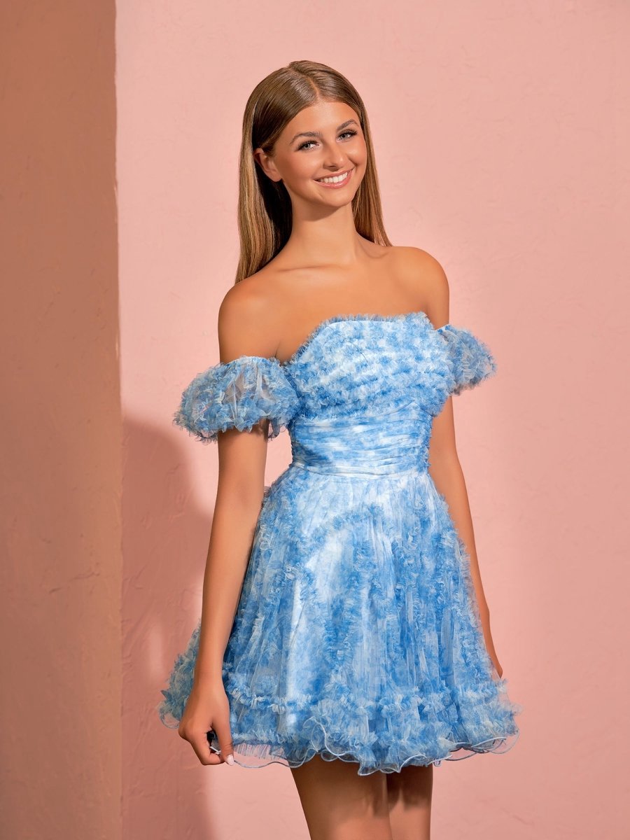A-line Printed Tulle Ruffles Homecoming Dresses with Puff Sleeves