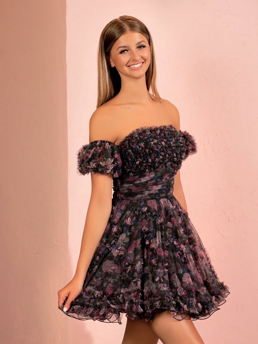 A-line Printed Tulle Ruffles Homecoming Dresses with Puff Sleeves