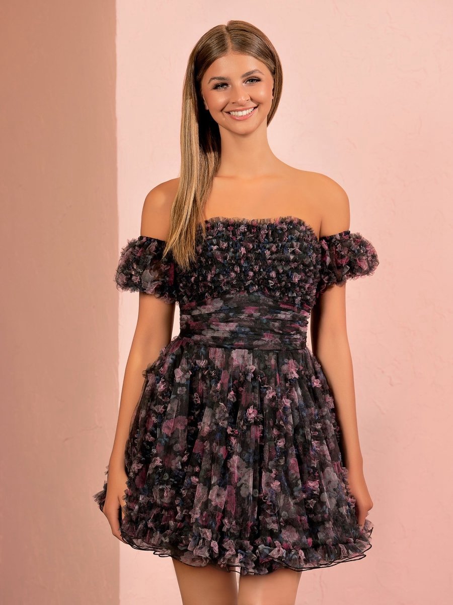A-line Printed Tulle Ruffles Homecoming Dresses with Puff Sleeves