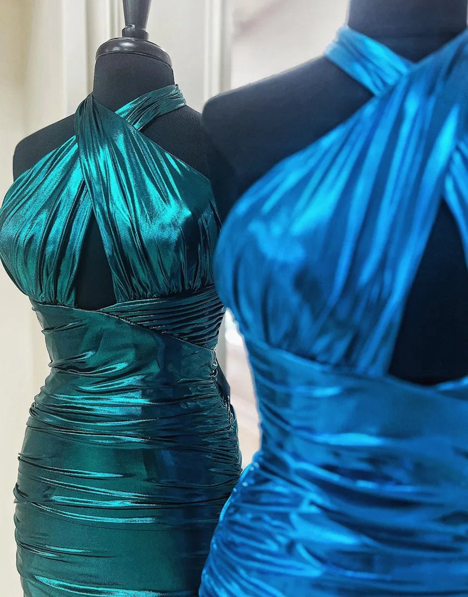 Metallic Halter Tight Satin Homecoming Dresses