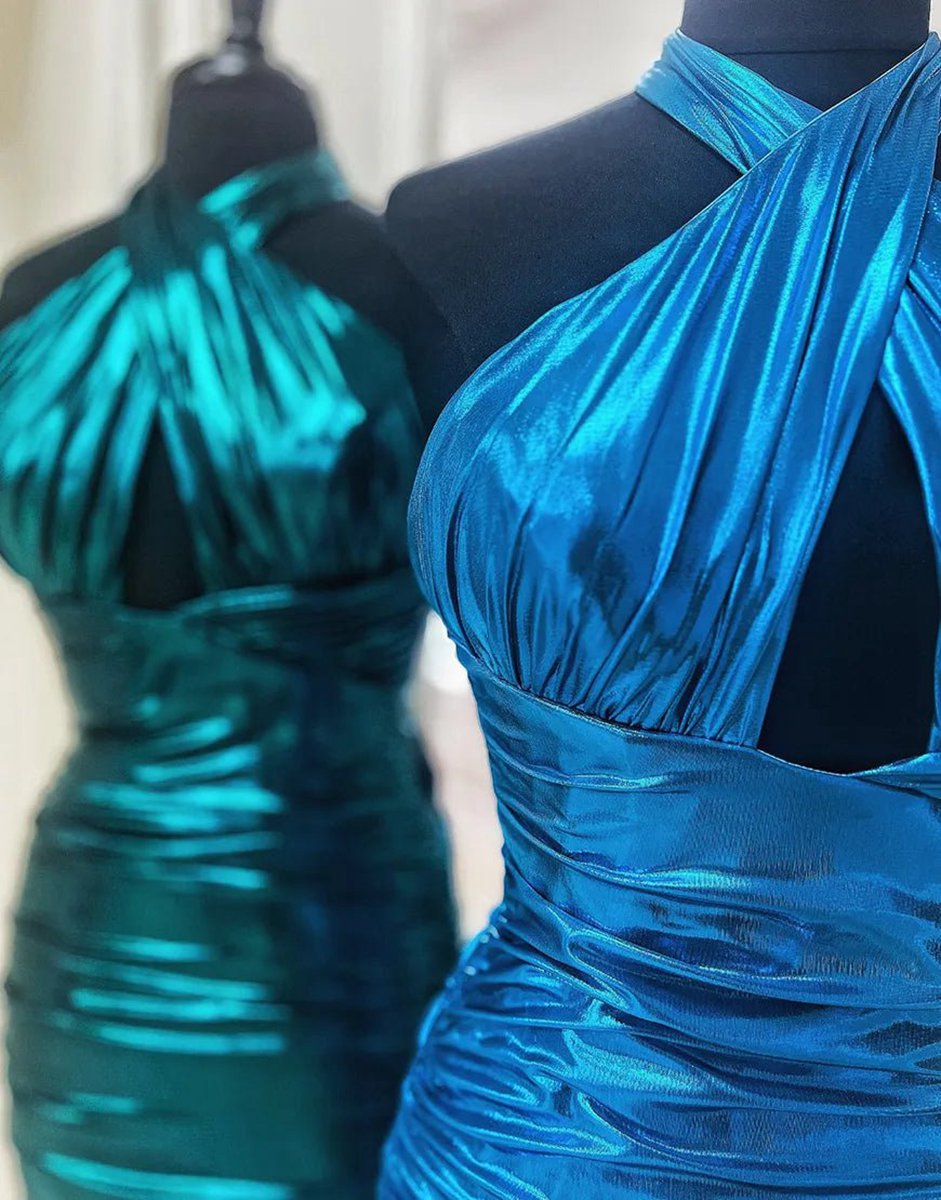 Metallic Halter Tight Satin Homecoming Dresses